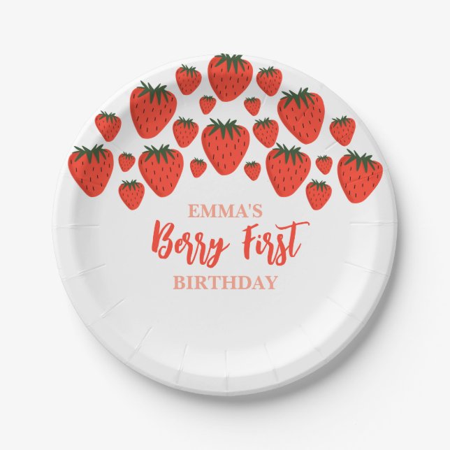 Berry First Birthday Strawberry Design  Paper Plate (Front)