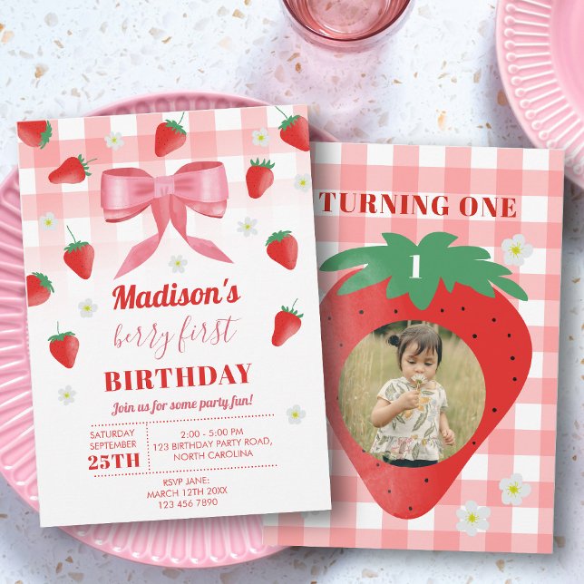 Berry First Birthday Strawberry First Photo Bow Invitation (Berry First Birthday Strawberry First Photo Bow Invitation)