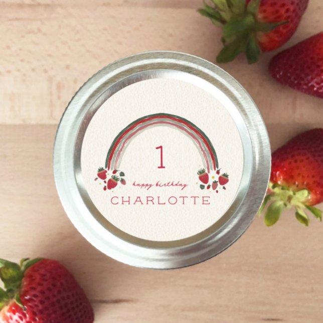 Berry First Birthday Strawberry Floral Rainbow Classic Round Sticker (Creator Uploaded)