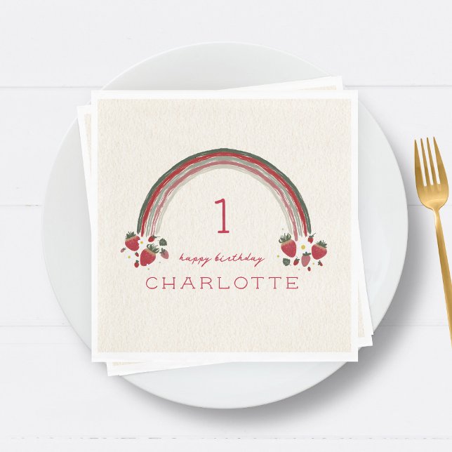Berry First Birthday Strawberry Floral Rainbow Napkin (Creator Uploaded)