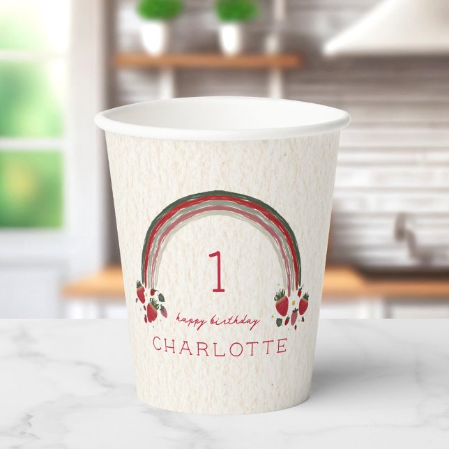 Berry First Birthday Strawberry Floral Rainbow Paper Cups (Creator Uploaded)