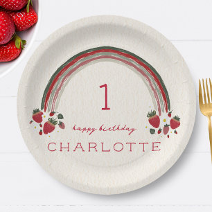 Berry First Birthday Strawberry Floral Rainbow Paper Plate