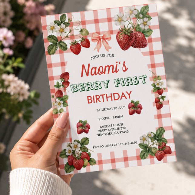Berry first birthday strawberry gingham invitation (Creator Uploaded)
