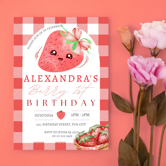 Berry First Birthday Strawberry Girl 1st Birthday Invitation | Zazzle