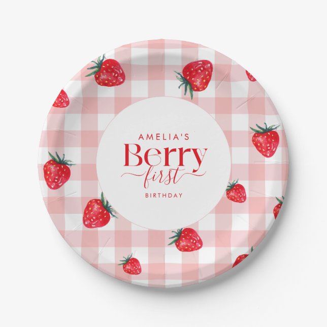 Berry First Birthday Strawberry Girl Paper Plate (Front)