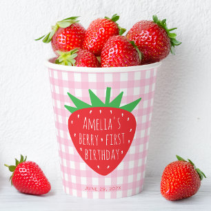 Berry First Birthday Strawberry Girl Pink Plaid Paper Cups