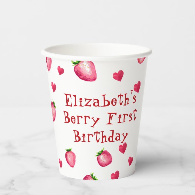 Berry First Birthday Strawberry Hearts  Paper Cups (Front)