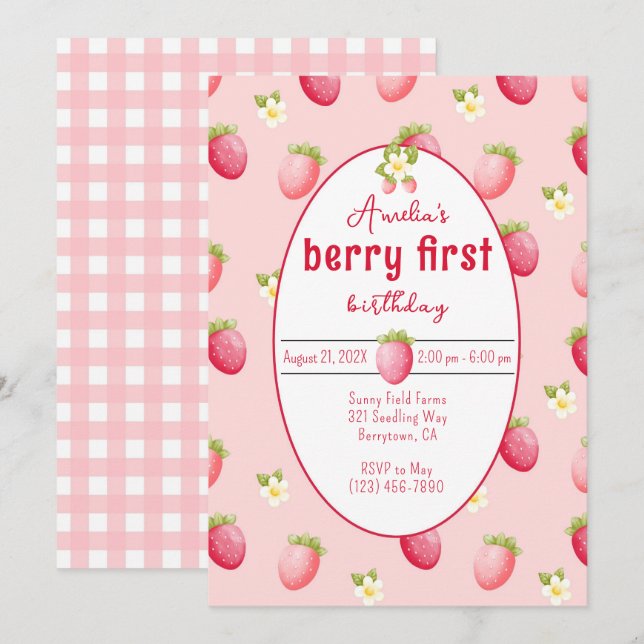 Berry First Birthday Strawberry Invitation (Front/Back)
