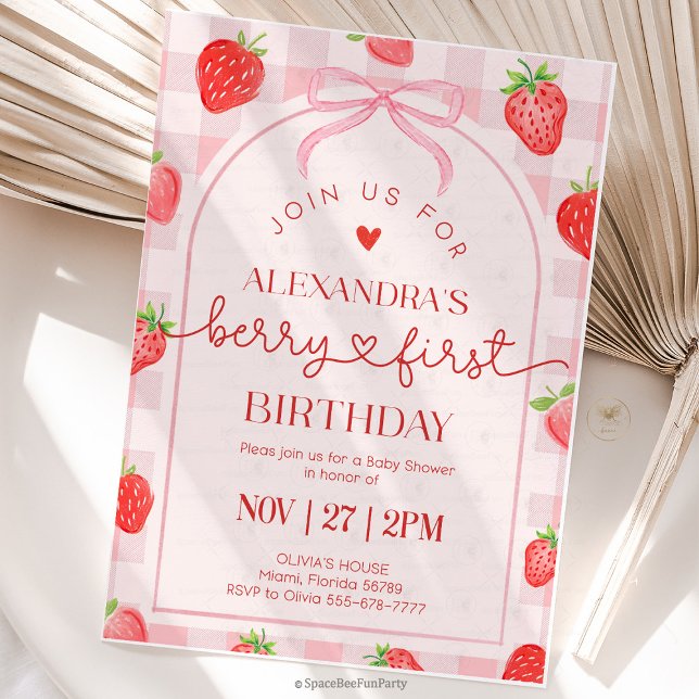 Berry First Birthday Strawberry Invitation (berry first birthday, strawberry birthday, first birthday girl, berry themed party, strawberry first)