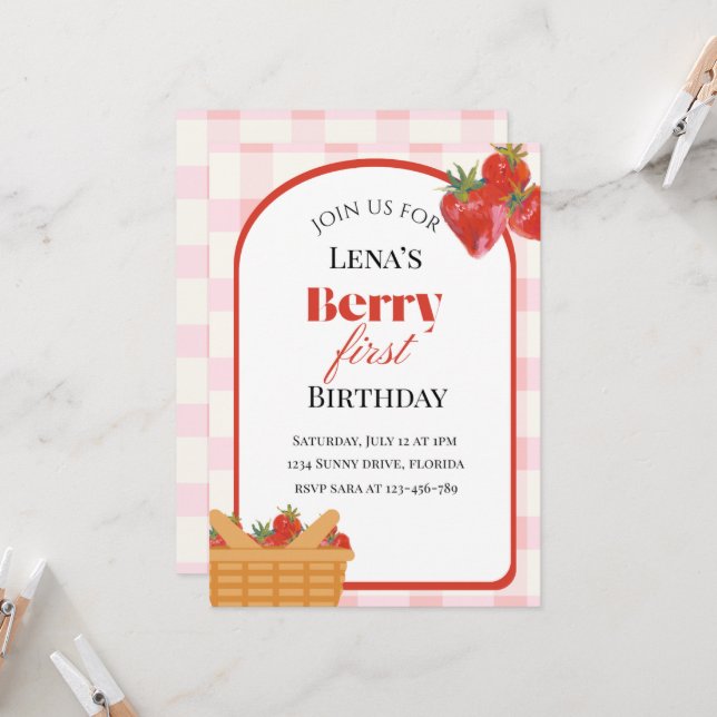 Berry First Birthday Strawberry Invitation (Front/Back In Situ)