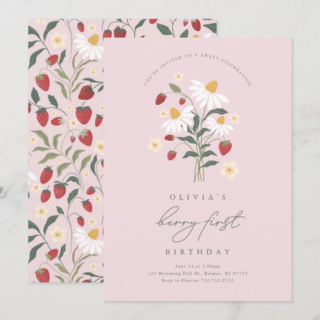 Berry First Birthday Strawberry Invitation (Front/Back)