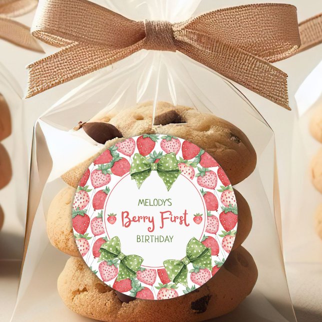 Berry First Birthday Strawberry Party Classic Round Sticker (Creator Uploaded)