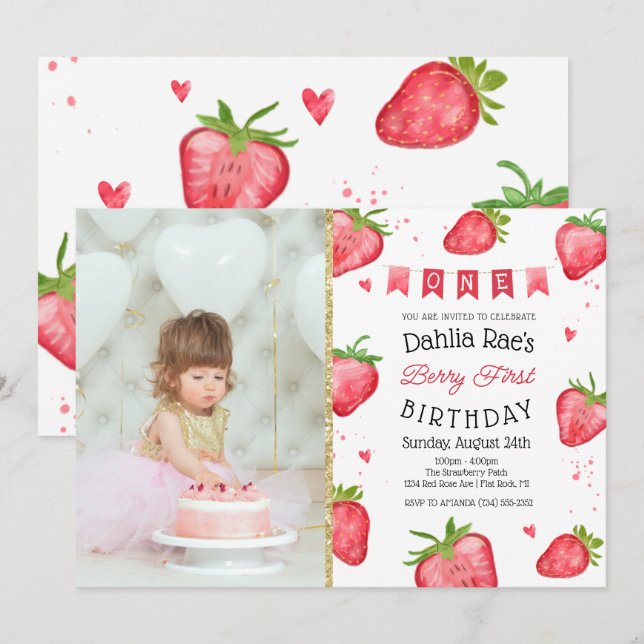 Berry First Birthday Strawberry Photo Invitation (Front/Back)
