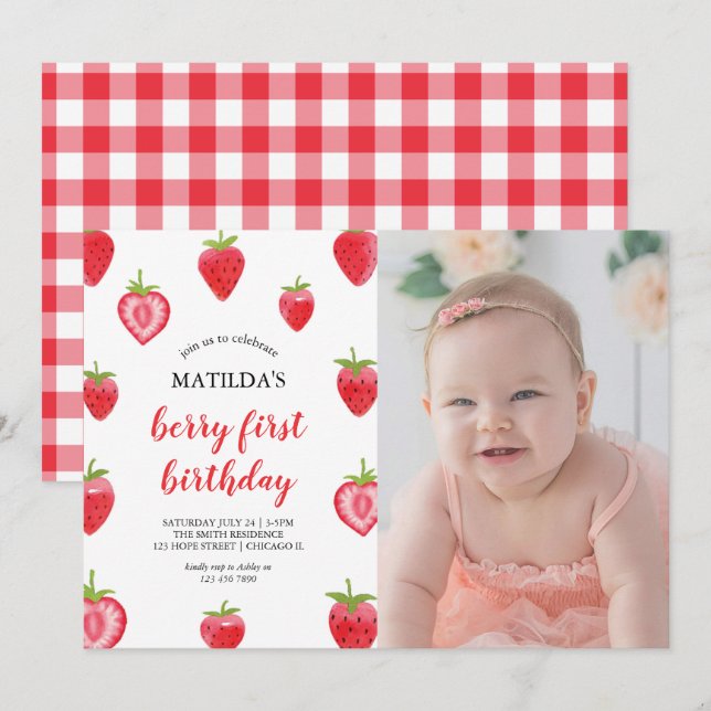 Berry First Birthday Strawberry Photo Invitation (Front/Back)
