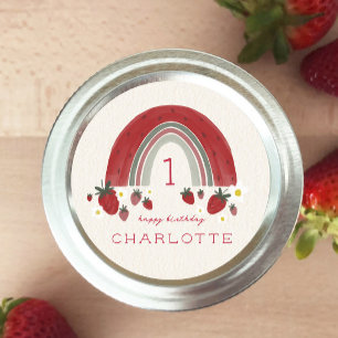 Berry First Birthday Strawberry Rainbow Floral Classic Round Sticker