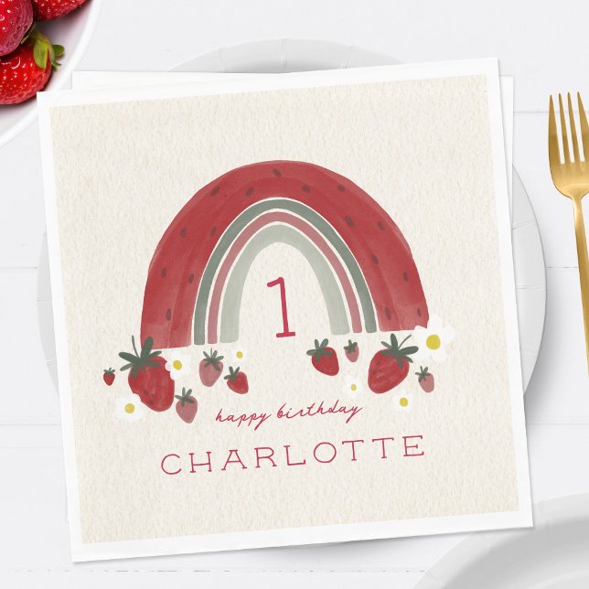 Berry First Birthday Strawberry Rainbow Floral Napkin (Creator Uploaded)