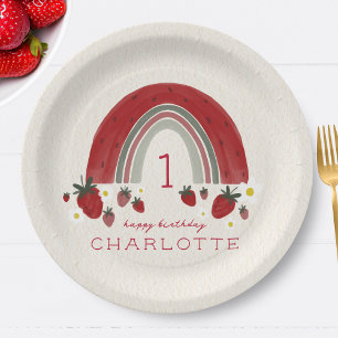 Berry First Birthday Strawberry Rainbow Floral Paper Plate