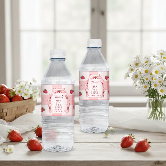 Berry First Birthday Strawberry Red Gingham Bows Water Bottle Label (Berry First Birthday Strawberry Red Gingham Bows Water Bottle Label)