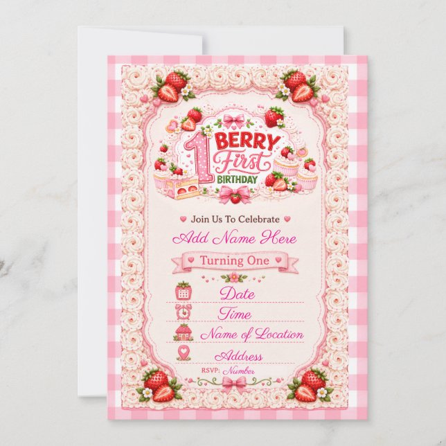 Berry First Birthday Strawberry Shortcake Invitation (Front)