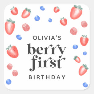 Berry First Birthday Strawberry Square Sticker