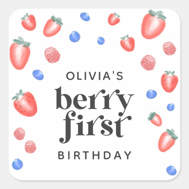 Berry First Birthday Strawberry Square Sticker (Front)