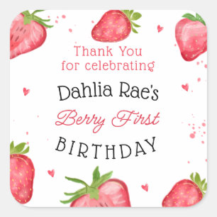 Berry First Birthday Strawberry Square Sticker