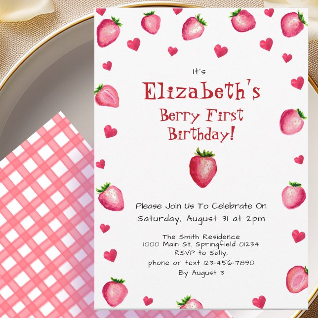 Berry First Birthday Strawberry Summer Gingham 1st Invitation (Creator Uploaded)