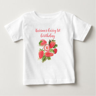 Berry First Birthday Strawberry Watercolor Girl  Baby T-Shirt