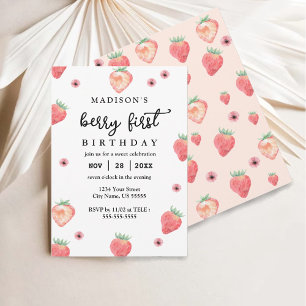 Berry First Birthday Stylish Pink Strawberry  Invitation