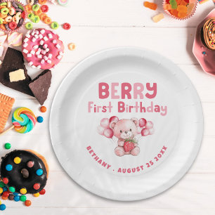 Berry First Birthday Teddy Bear Strawberry Pink Paper Plate