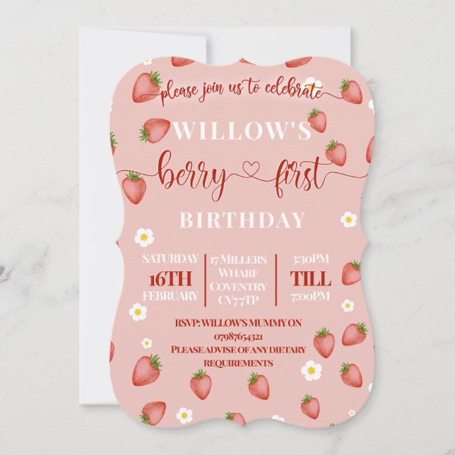 Berry First Birthday Themed Party Invitations (Front)