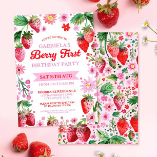 Berry First Birthday Watercolor Strawberries Invitation