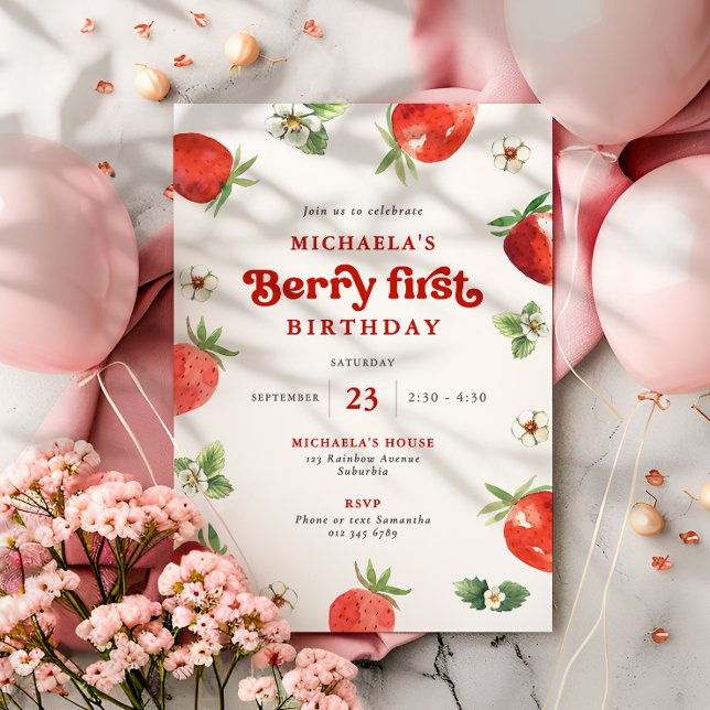 Berry First Birthday Watercolor Strawberries Invitation (Creator Uploaded)