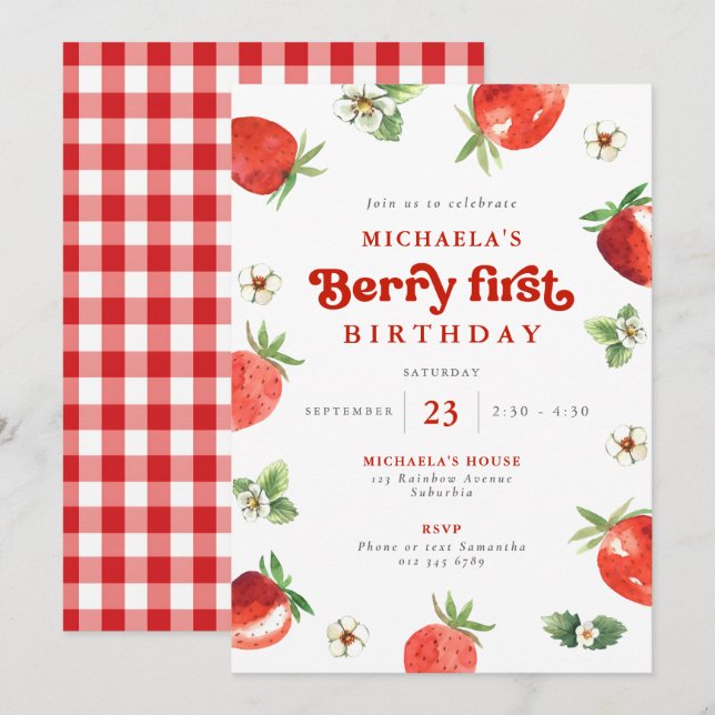 Berry First Birthday Watercolor Strawberry Gingham Invitation (Front/Back)