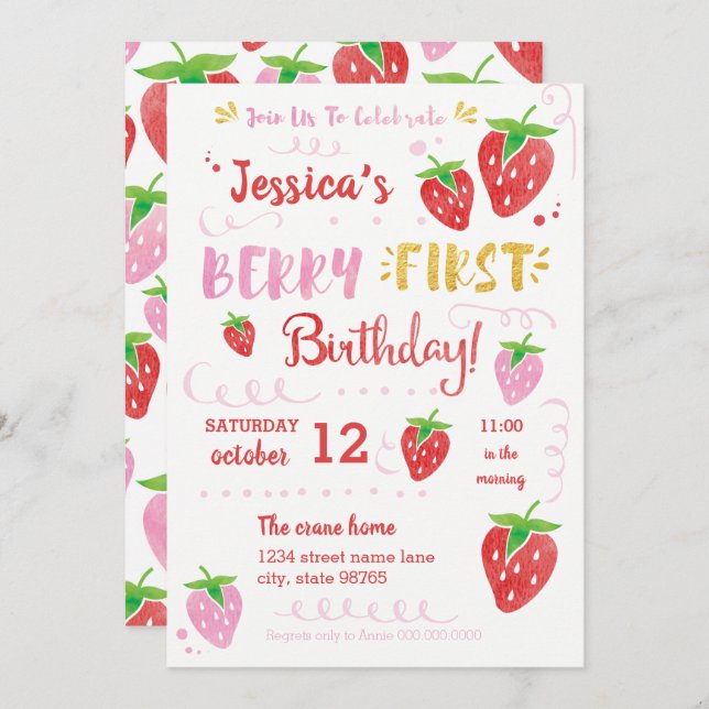 Berry First Birthday Watercolor Strawberry Party Invitation (Front/Back)