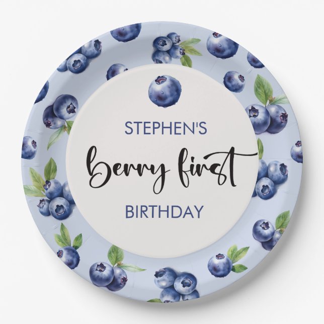 Berry first blueberries kids birthday paper plate (Front)