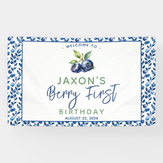 Berry First Blueberry 1st Birthday Party Banner (Horizontal)