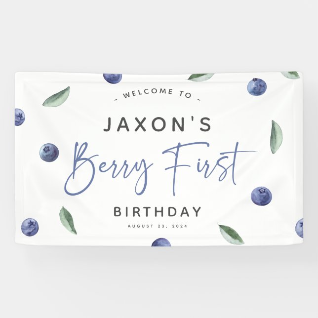 'Berry First' Blueberry 1st Birthday Party Banner (Horizontal)