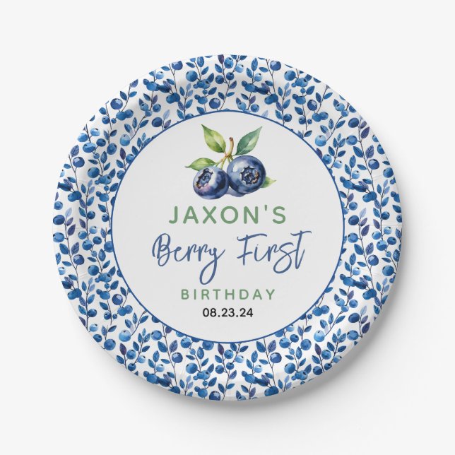 Berry First Blueberry 1st Birthday Party Paper Plate (Front)