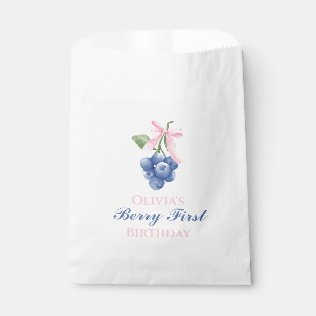 Berry First blueberry birthday Pink Bow Coquette Favour Bags (Front)