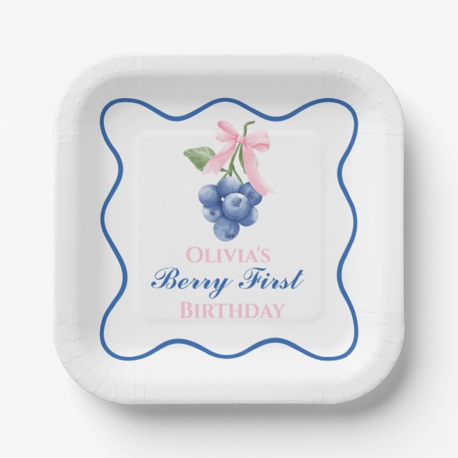 Berry first blueberry birthday Pink Bow Coquette Paper Plate (Front)