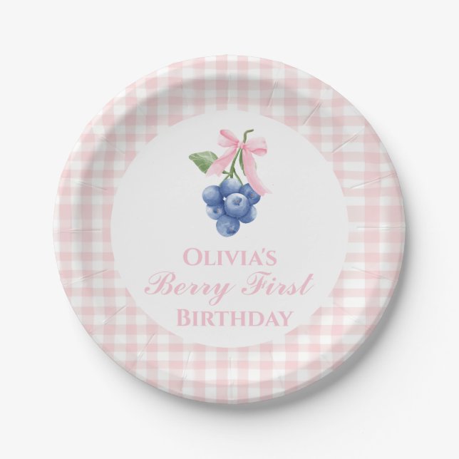 Berry first blueberry birthday Pink Bow Coquette Paper Plate (Front)