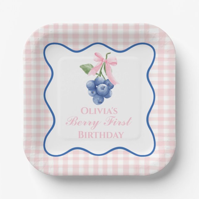 Berry first blueberry birthday Pink Bow Coquette Paper Plate (Front)