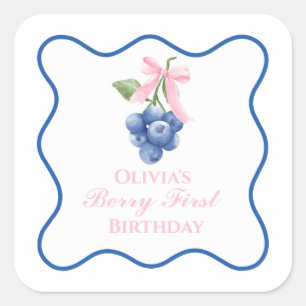 Berry first blueberry birthday Pink Bow Coquette Square Sticker