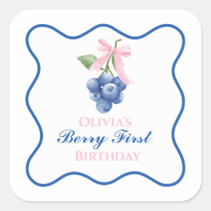 Berry first blueberry birthday Pink Bow Coquette Square Sticker