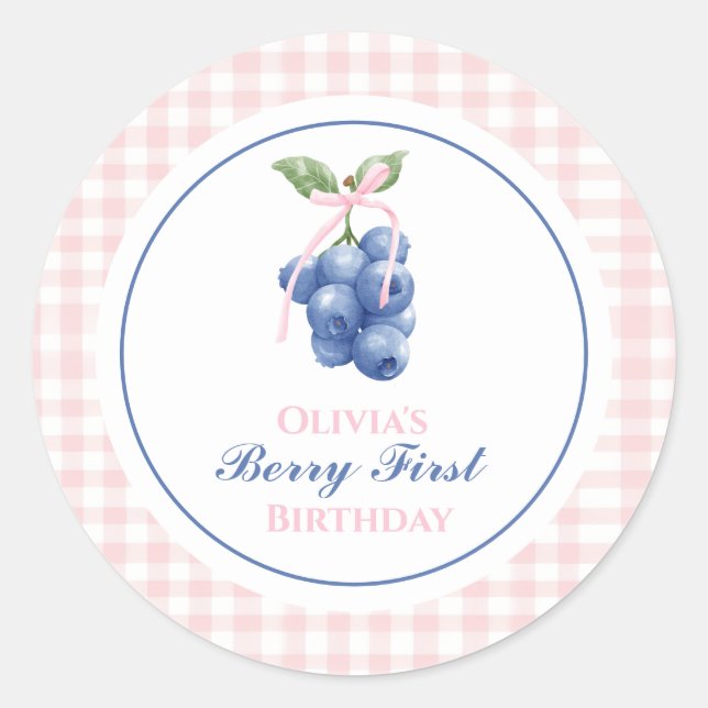 Berry First blueberry birthday Pink Bow Gingham Classic Round Sticker (Front)