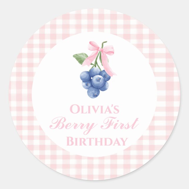 Berry first blueberry birthday Pink Bow Gingham Classic Round Sticker (Front)