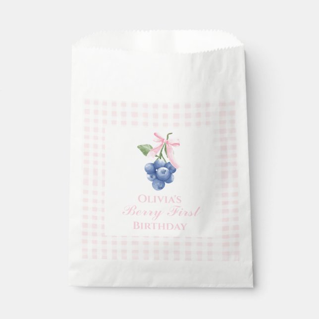 Berry First blueberry birthday Pink Bow Gingham Favour Bags (Front)