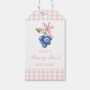 Berry First blueberry birthday Pink Bow Gingham Gift Tags
