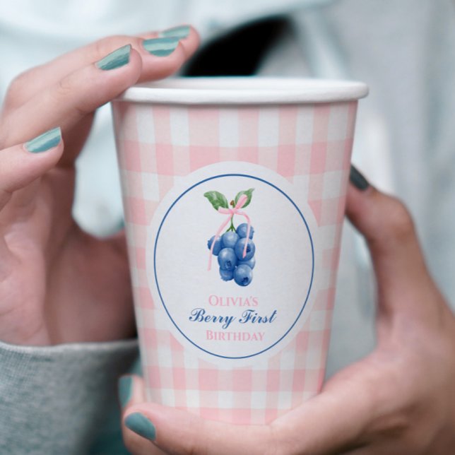 Berry First blueberry birthday Pink Bow Gingham Paper Cups (Creator Uploaded)